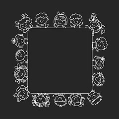 Frame with kids School, kindergarten. Happy children. Creativity, imagination doodle icons with kids. Play, study, grow Happy students Science and research Adventure Explore
