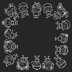 Frame with kids School, kindergarten. Happy children. Creativity, imagination doodle icons with kids. Play, study, grow Happy students Science and research Adventure Explore