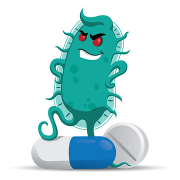 Concept of resistance to antibiotics. Creature superbug a microorganism stepping on medicines and antibiotics with air of superiority.  medicinal materials on ineffective antibacterial therapy