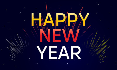 happy new year illustration on black background, happy new year in the sky with with stars and fireworks, illustration design, dark background. 
