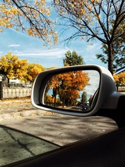 Autumn in car mirror