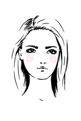 Face woman sketch, long hair. Fashion portrait, vector illustration. Black lines isolated on white background.