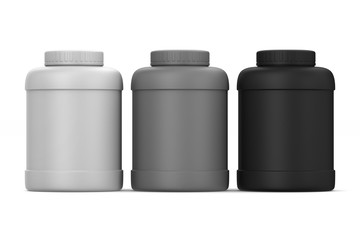 Three plastic cans on white background. Isolated 3D illustration