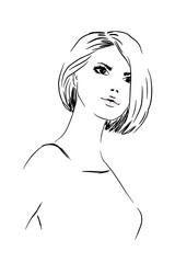 Face woman sketch,haircut bob.  Fashion portrait, vector illustration. Black lines isolated on white background.