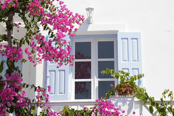 Fototapeta na wymiar Window with blue wooden shutters in a white whitewashed facade, Oia, Santorini, Greece