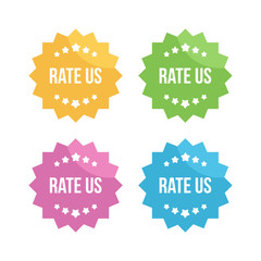 Set, collection of colorful rate us badges, icons for user feedback.