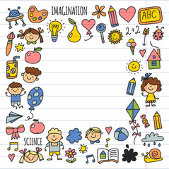 School, kindergarten. Happy children. Creativity, imagination doodle icons with kids. Play, study, grow Happy students Science and research Adventure Explore