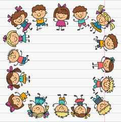 Frame with kids School, kindergarten. Happy children. Creativity, imagination doodle icons with kids. Play, study, grow Happy students Science and research Adventure Explore