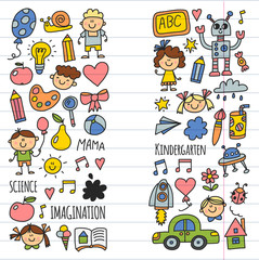 School, kindergarten. Happy children. Creativity, imagination doodle icons with kids. Play, study, grow Happy students Science and research Adventure Explore