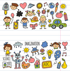 School, kindergarten. Happy children. Creativity, imagination doodle icons with kids. Play, study, grow Happy students Science and research Adventure Explore