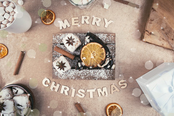 Christmas composition: christmas gift with decoration.