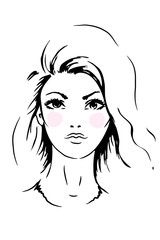 Face woman sketch,volumized waves hairstyle. Fashion portrait, vector illustration. Black lines isolated on white background.