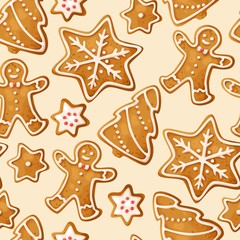 Fototapeta na wymiar Winter seamless patterns with gingerbread cookies