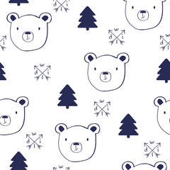 Sketch doodle seamless pattern with bear. Vector hand drawn illustration.