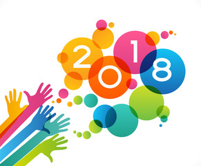 Color design with numeral 2018, speech bubbles, people's hands and circles.  The file is saved in the version 10 EPS. This image contains transparency.