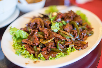 Chinese dish cuisine. Beef sweet & sour with vegetables. Carbonnade de boeuf a la Flamande