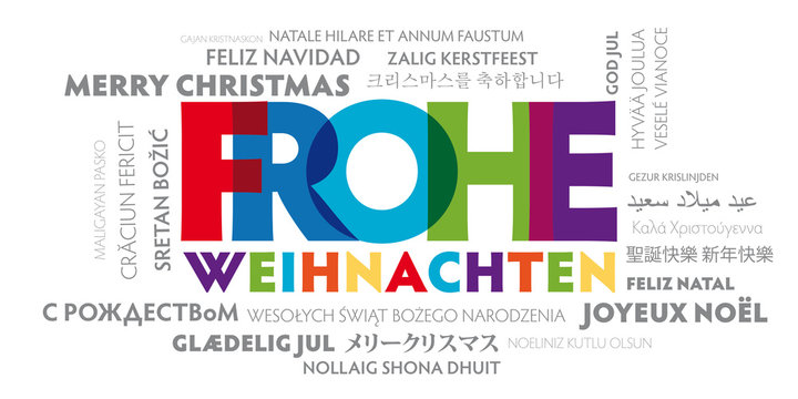 Frohe Weihnachten &uuml;bersetzt in viele Sprachen. Fr&ouml;hliche bunte Weihnachtskarte
