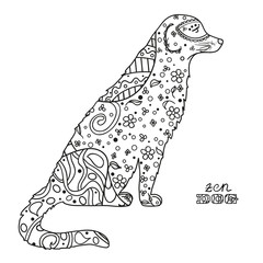 Dog. Boho style. Hand drawn dog with abstract patterns on isolation background. Design for spiritual relaxation for adults. Black and white illustration for coloring. Design Zentangle. Zen art