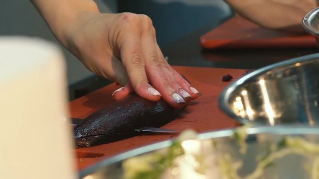 Close up slicing red beet