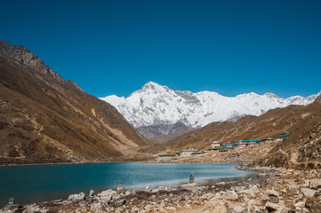 snowy mountains and lake
