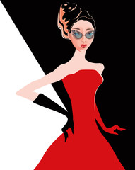 vector illustration with a beautiful young woman in red dress and glasses 