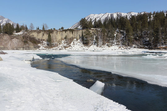 Ice melting on the river in the spring, Katun River, Ongudaysky district, Altai, Russia