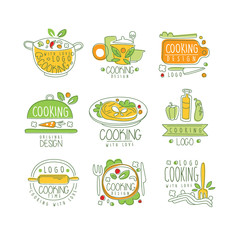 Cooking logo original design, cooking with love badge for restaurant or home kitchen hand drawn vector Illustration