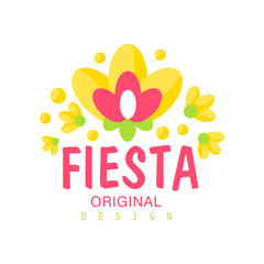 Fototapeta premium Fiesta original logo design, colorful label with flowers for a holiday or festival vector Illustration