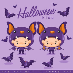 Boy and girl wearing Halloween fancy hat : Vector Illustration