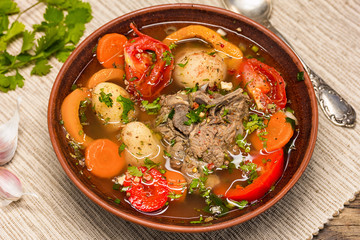shurpa - oriental soup with vegetables and lamb
