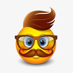 Cute hipster emoticon wearing eyeglasses and with ginger hear and mustaches, emoji