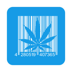 Icono plano codigo de barras marihuana en cuadrado azul