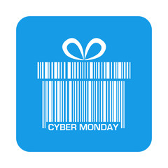 Icono plano codigo de barras regalo CYBER MONDAY en cuadrado azul