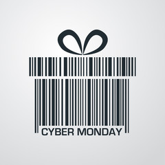 Icono plano codigo de barras regalo CYBER MONDAY en fondo degradado