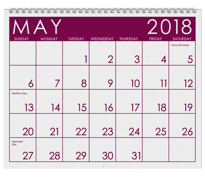 2018 Calendar: Month Of May With Mother's Day