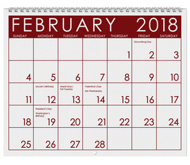 2018 Calendar: Month Of February With Valentine's Day