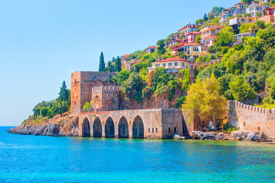 Landscape of ancient shipyard near of Kizil Kule tower in Alanya peninsula