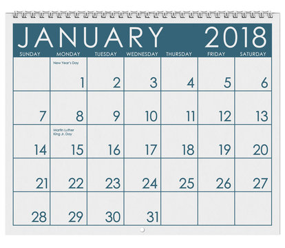 2018 Calendar: Month Of January With New Year's Day