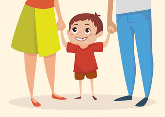 Little happy boy is holding hands with parents and looking up. Vector illustration.