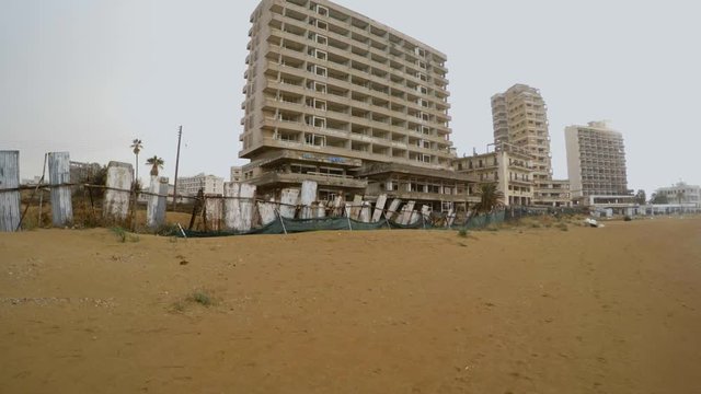 abandoned hotels in the banned Greek city of Varosha in the rain in the winter