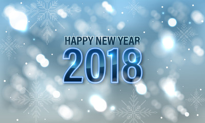 Happy New Year 2018 vector banner or greeting card with snowflakes and blurred glows.