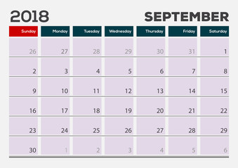 Monthly Desk Pad Calendar template, September 2018. Vector illustration