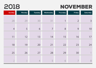 Monthly Desk Pad Calendar template, November 2018. Vector illustration
