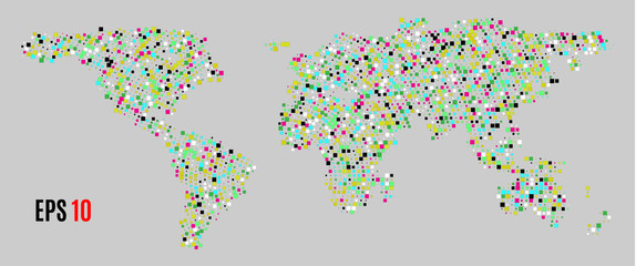 Multicolored dots world map. Abstract pixel World Map with square shapes for infographic.Travel Vector Illustration.