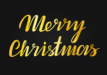 Gold Merry Christmas Vector Lettering. Greeting Card on black background. Vector illustration