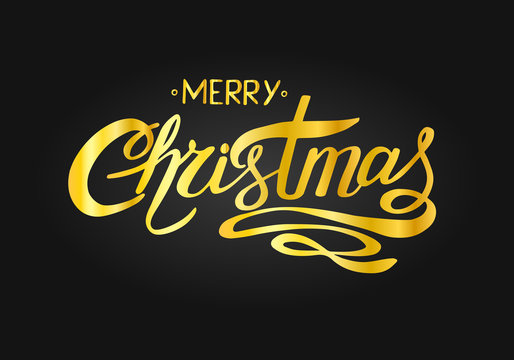 Gold Merry Christmas Vector Lettering. Greeting Card on black background. Vector illustration