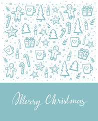 Merry Christmas Vector Lettering and hand-drawn xmas graphic. Greeting Card on white color background. Vector illustration