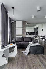 Gray sofa and white table