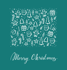 Merry Christmas Vector Lettering and hand-drawn xmas graphic. Greeting Card on white color background. Vector illustration