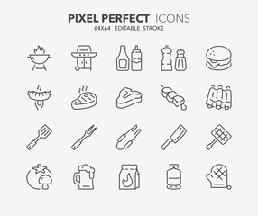 barbecue and grill thin line icons - obrazy, fototapety, plakaty